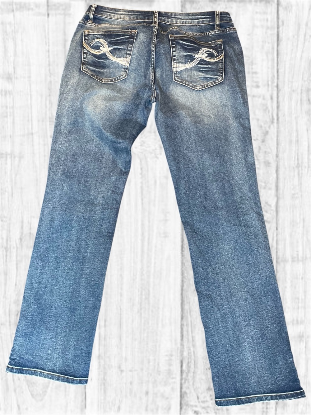 Flamingals XL Straight Leg Blue Jeans Button Hem Detail Stretch Denim